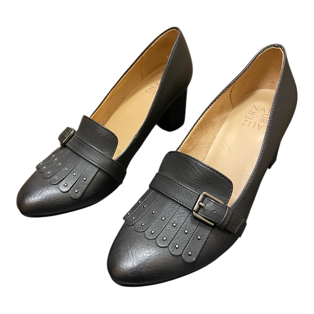 Naturalizer Myrle Pumps Jet Black Fringe Block Kiltie Heels Faux Buckle Strap 9M - Picture 2 of 8